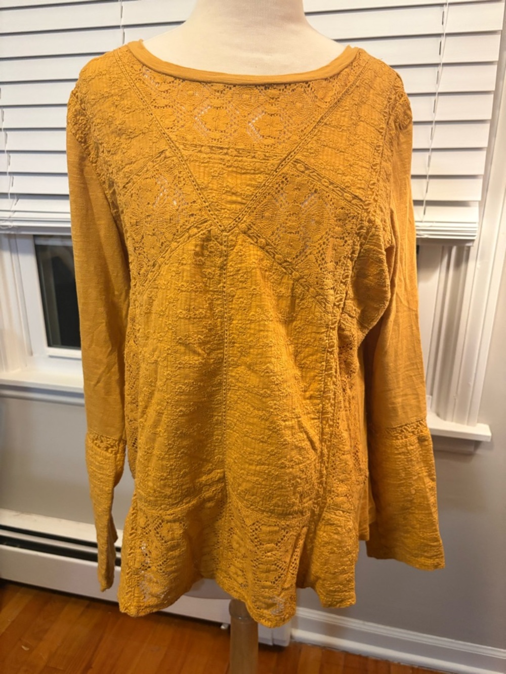 Eze Sur Mer Mustard Yellow Lace Panel Long Sleeve Top